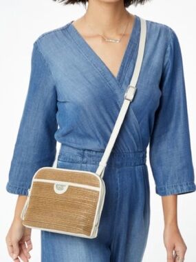Brighton JoJo Organizer Woven Straw Crossbody Bag Cream Leather Trim Coastal Chi